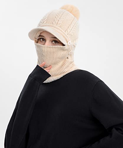 HUAMULAN Women Cable Knit Balaclavas Winter Fleece Lined Beanie Hat - color: Beige With Pompom