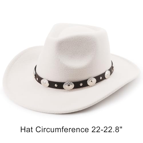 DRESHOW Women Men Classic Felt Wide Brim Western Cowboy & Cowgirl Cap Belt Buckle Retro Panama Hat Unisex Rolled up Caps - color: 1 Pack: White Cowboy Hat (Hat Circumference: 22-22.8")