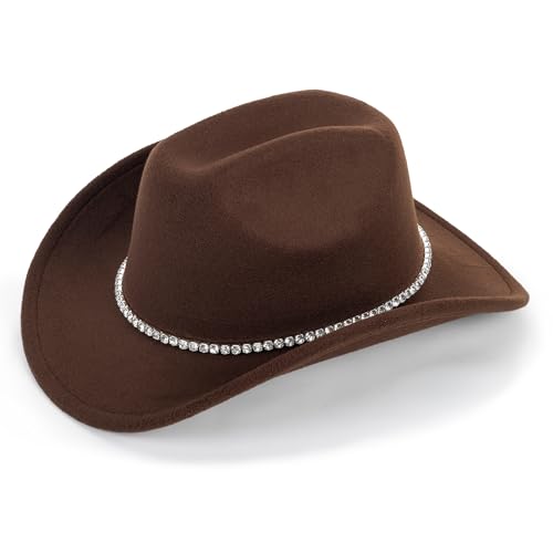 IZUS Women Sparkly-Rhinestone Western-Cowgirl-Hat Glitter-Bling Cowboy-Hat Felt-Rodeo-Hat for Disco-Party Medium/Large - color: One Rhinestone Decor-brown