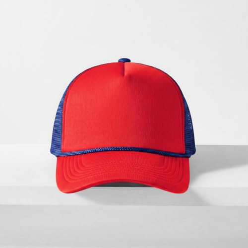 CHOK.LIDS Blank Foam Trucker Hat, Retro Mesh Rope Snapback Cap, Men Women - color: Curved Brim (Red/Royal)