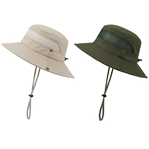 Kids Sun Hat UPF 50+ Safari Bucket Hat for Boys Girls - color: 2 Pack Army Green & Beige, size: Medium