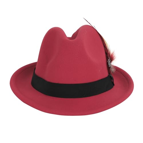 PURFUN Vintage Feather Felt Fedora Hat for Men Women Classic Short Brim Jazz Dance Party Wedding Trilby Bowler Panama Hat - color: Feather/Red