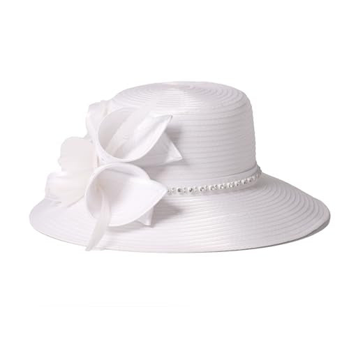 Women Derby Church Dress Wide Brim Hat, 1920s Vintage Feather Rhinestone Tea Party Wedding Cloche Bowler Hat - color: White/Black