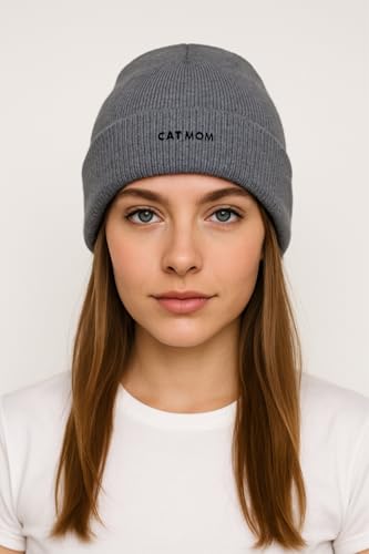 Cat Mom Cat Dad Beanie Collection – Jacquard Pom Pom Hats & Double-Layer Embroidered Beanies for Pet Lovers - color: Cat Mom Embroidery Gray Hat