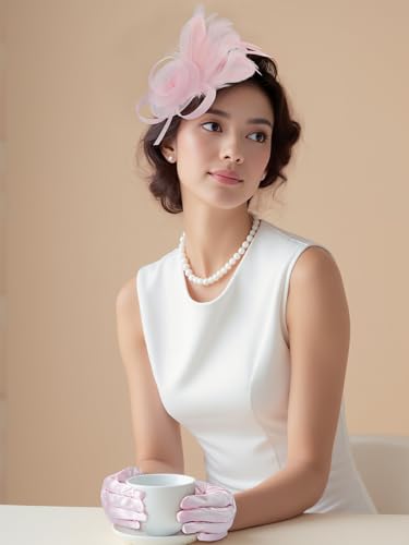 2Pcs 50s Fascinators Hats for Women Wedding Cocktail Flower Mesh Ribbons Feathers Church Tea Party Hats and Lace Glove - color: Pink