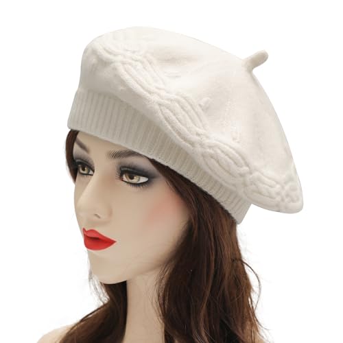 ZLYC Women French Beret Hat Reversible Solid Color Knit Warm Artist Cap - color: Cable Knit White