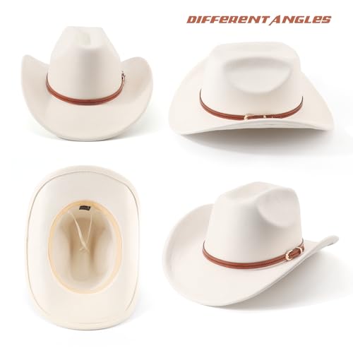 DRESHOW Cowboy Hat for Women and Men Wide Brim Western Cowboy Cowgirl Hat with Belt Buckle Unisex Rolled up Caps - color: Beige