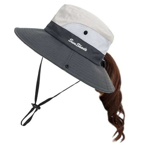 Sun Hat for Women Summer UV Protection Beach Hat with Ponytail Hole - color: Beige Grey(with Ponytail Hole)