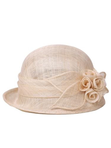 HIMESPORT Retro Sinamay Veil Flower Bride Wedding Fascinator Hat Feather Bowler Hat Hair Accessory Banquet Cocktail Party - color: Khaki