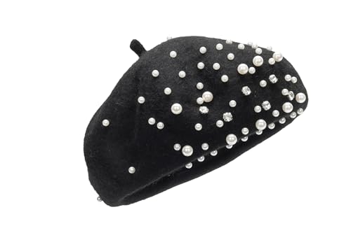 Women Wool Beret Hat, Classic French Artist Hat, Winter Warm Hat for Ladies - color: Black and Rhinestone