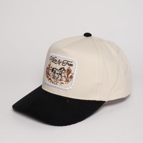 MIRMARU Western Cowboy Embroidered 5 Panel Cotton Two Tone Trucker Hat-Retro Southwest Style Snapback Cap for Men and Women. - color: Corduroy Brim-patch-wild & Free,black