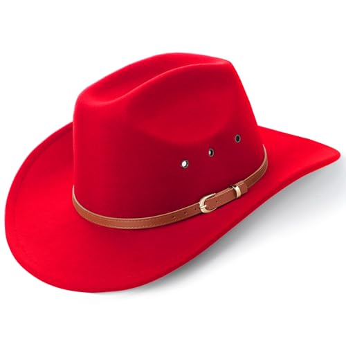 DRESHOW Cowboy Hat for Women and Men Western Felt Cowboy Cowgirl Hat Wide Brim Belt Buckle Retro Fedora Hats Unisex Caps - color: 1 Pack Style 5: Red, size: Large