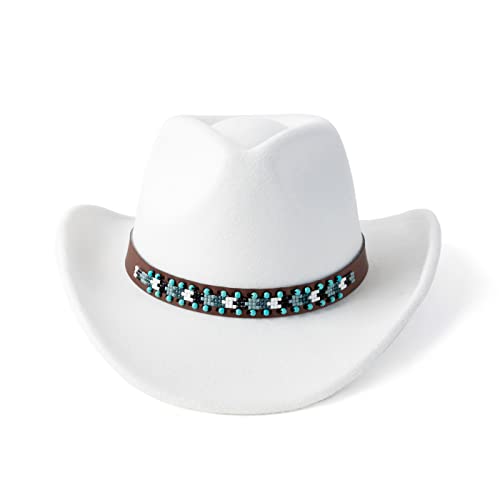 Western Cowboy Hat Felt Wide Brim Women Men Cowgirl Hats - color: B Belt White