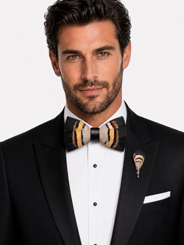 RBOCOTT Handmade Feather Pre-tied Bow tie and Brooch Sets for Men - color: Black/Beige1
