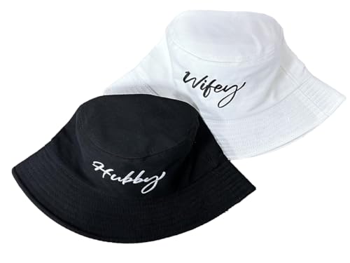 XYIYI 2 Pack Unisex Bucket Hat for Women Men Summer Beach Fishing Hat Sun Hat - color: Hubby Wifey Black White