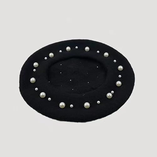 2 Pcs Winter Wool Berets Pearl French Style Beanie Cap Solid Color Winter Hat Beaded Beret Cap for Women and Girls Casual Use (Black, Red)