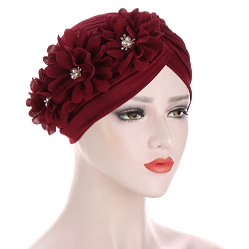 Flower Pre-Tied Turban Beanie, Soft Chemo Cap for Women Cancer Hair Loss - color: Wine