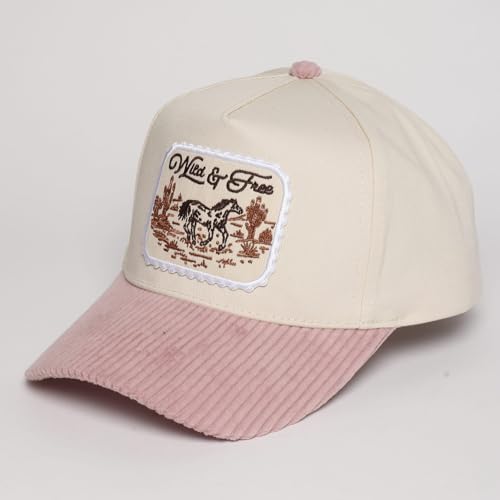 MIRMARU Western Cowboy Embroidered 5 Panel Cotton Two Tone Trucker Hat-Retro Southwest Style Snapback Cap for Men and Women. - color: Corduroy Brim-patch-wild & Free,mauve