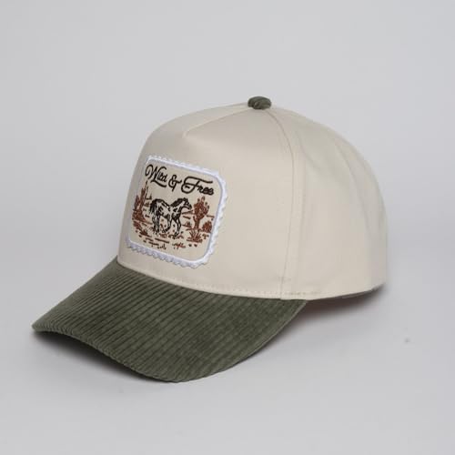 MIRMARU Western Cowboy Embroidered 5 Panel Cotton Two Tone Trucker Hat-Retro Southwest Style Snapback Cap for Men and Women. - color: Corduroy Brim-patch-wild & Free,olive