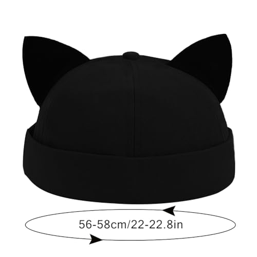 Cat Ear Docker Cap for Women Men – Brimless Cotton Sailor Beanie Skull Cap - color: Black