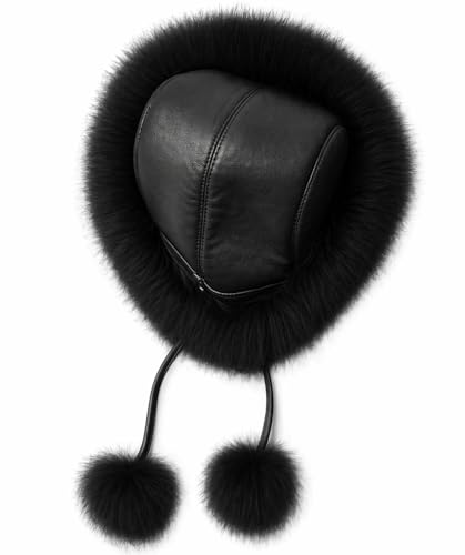 DLNYC Women’s Faux Leather Winter Hat with Faux Fur Trim, Soft Lined Cap with Hanging Cords & Pom-Poms, Warm Stylish Hat - color: Black