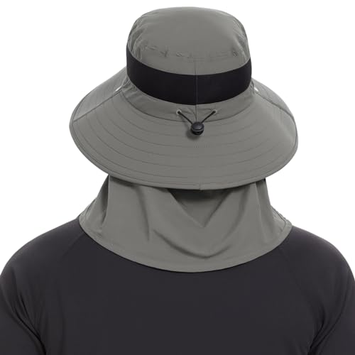 BASSDASH UPF 50+ Breathable Sun Hat with Removable Face Cover and Neck Flap Wide Brim Bucket Hat for Fishing Hiking Men Women - color: Light Grey