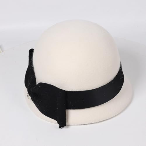 Women Solid Color 100% Wool Winter Hat Women Cloche Bucket Bowler with Bowknot - color: White With Black Bow