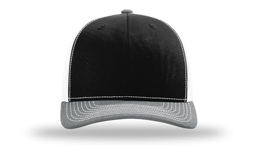 Richardson 112 Trucker Hat - Premium Blank Baseball Cap, Adjustable Snapback Hat - Structured Six Panel Richardson Blank Hats - color: Black/White/ Heather Grey