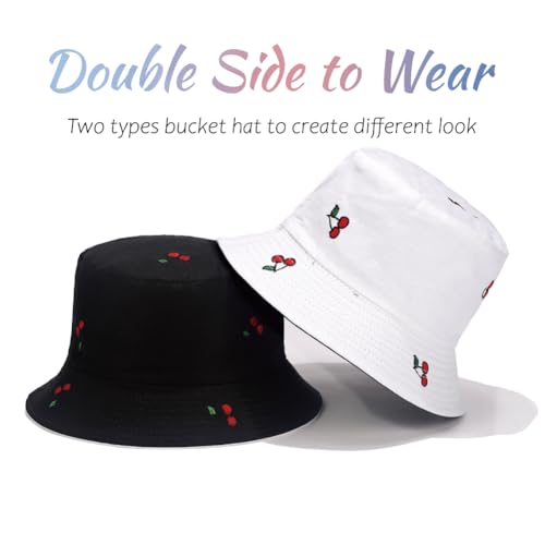 Reversible Bucket Hat for Women Summer Travel Fisherman Cap, Girls Cute Double Side Wear Bucket Cap - color: Cherry Black White