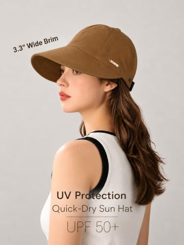 Women's Adjustable Ponytail Sun Hat, Wide Brim Summer Protection Cap - color: Brown