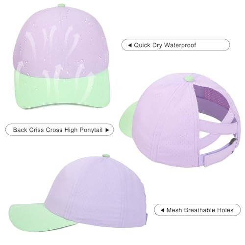Girls Criss Cross Ponytail Hat Mesh Baseball Cap Kids Quick Dry Ponycap Hats Outdoor Summer Sports Hat Age 7-12 - color: Purple 01