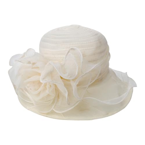 Women's Organza Sun Hat Vintage Floral Derby Church Hat Wide Brim Bucket Fascinators for Tea Party Wedding Cocktail - color: Beige