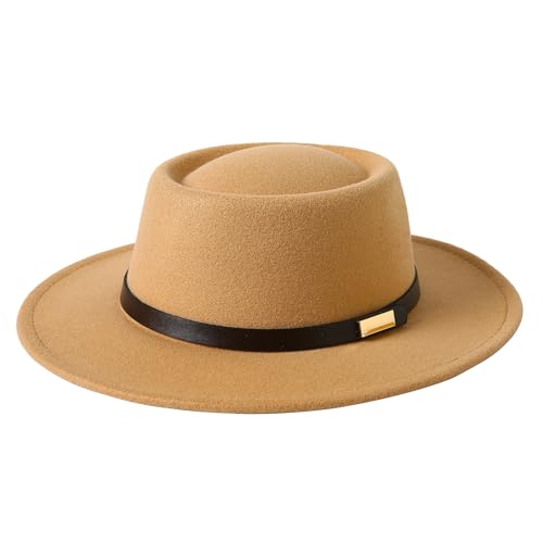 Lanzom Women Vintage Wide Brim Warm Wool Fedora Hat Belt Panama Hat Felt Jazz Hat - color: A-camel