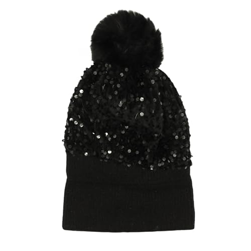 Women Sparkly Sequins Knitted Beanie Hat Warm Winter Skull Cap with Faux Fur Pom Pom - color: X Black With Knit Cuffs