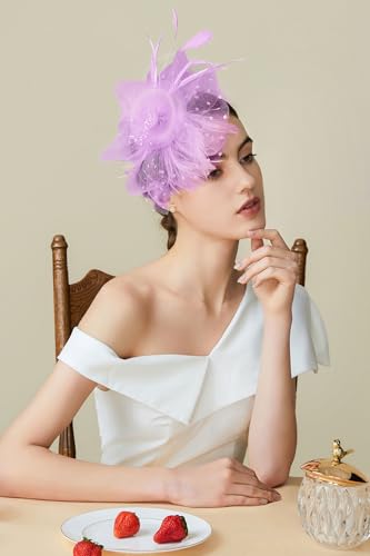 BABEYOND Fascinators Hats for Women Tea Party Flower Tulle Bead Derby Hat - color: Light Purple