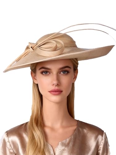 Big Wide Brim Fascinator Hats for Women Ladies Kentucky Tea Party Dress Flat Top Fedoras Hat with Bow Feather - color: Champagne