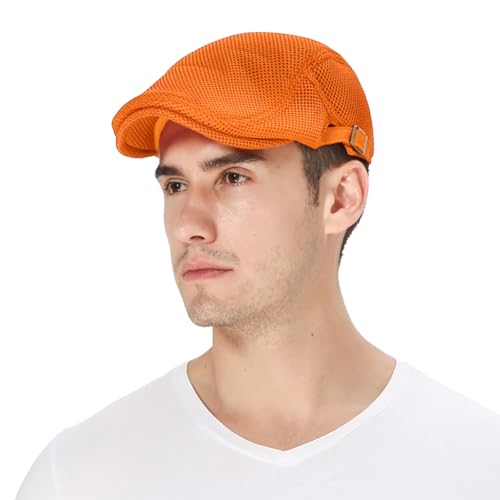 DIYDECAL Mens Breathable Mesh Summer Hat Adjustable Newsboy Beret Ivy Cap Cabbie Flat Cap - color: Orange
