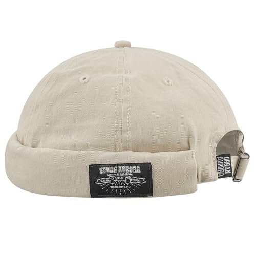 Clakllie Retro Docker Hat for Women Men Cotton No Brim Hat Adjustable Brimless Cap Worker Sailor Cap No Visor Beanie Hat - color: Beige-gd30