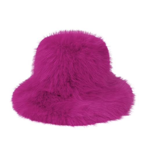Women's Oversized Faux Fur Bucket Hat, Fluffy Plush Fuzzy Winter Warm Hat - color: Rose