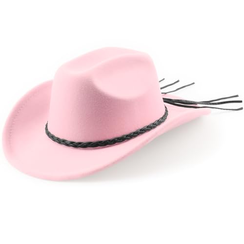 DRESHOW Western Cowboy Hat for Men Women Cowboy Cowgirl Hat Outdoor Wide Brim Retro Felt Fedora Hats Unisex Rolled up Caps - color: 1 Pack Style 8: Light Pink