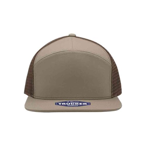 Plain Cotton Twill Flat Brim Mesh Adjustable Snapback Trucker Baseball Cap - color: 7 Panel Khaki/Brown