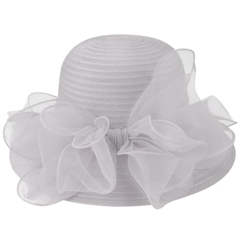 DRESHOW Lady Derby Dress Church Bowler Cloche Hat Bowknot Organza Bridal Cap for Wedding - color: 1 Pack Bowler Hat: Light Grey