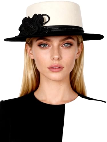 HIMESPORT Women's Black/White Dome and Flat Brim Wool Felt Fedora Hat with Flower Beaded Formal Church Cocktail Hats - color: White