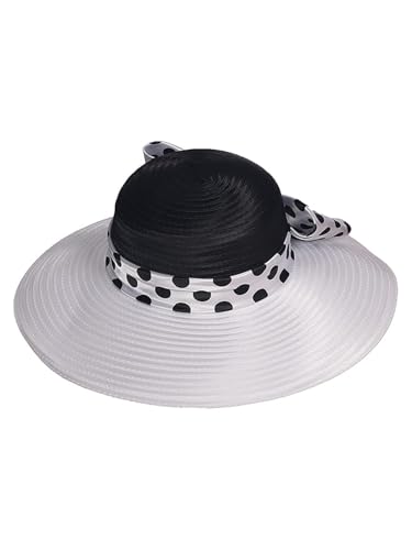 Women Wide Brim Rose Black Patchwork Kentucky Hat for Wedding Party Hat Big Bowknot Polka Dots Fedora Hats - color: Black White