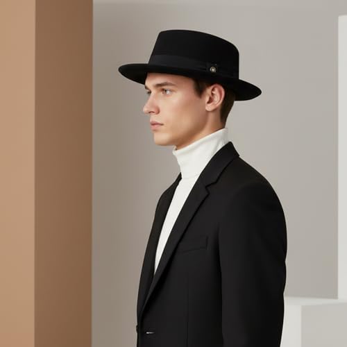 Fedora Hats for Men & Women Pork Pie Hat Flat Top Felt Hats Panama Wide Brim Dress Hat - color: Black, size: Medium