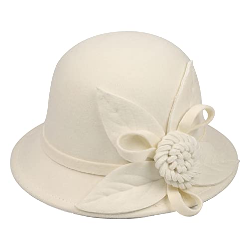 Ladies Wool Felt Bucket Hat Women Vintage Cloche Fedora Winter Church Bowler Hat with Bow - color: White Rose