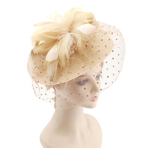 DRESHOW Fascinators Hat Flower Mesh Feathers Hat with a Headband and a Clip 7.9" Tea Party Headwear for Women - color: Folded Style 1: Light Gold / 7.9"