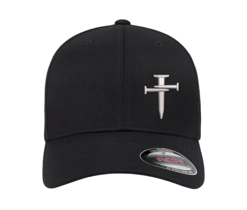 Nail Cross Christian Fitted Side Embroidered Hat Baseball Cap - color: Black Curved Brim, size: Small-Medium