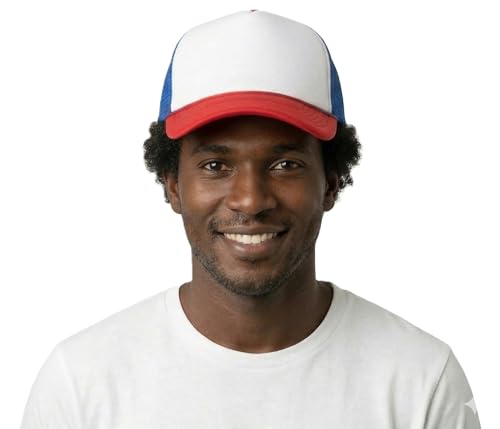 NYFASHION101 Plain Mesh Trucker Hat - Breathable 6-Panel Daily Snapback Cap, Customizable Ideal for DIY Embroidery & Patches - color: White/Red/Royal