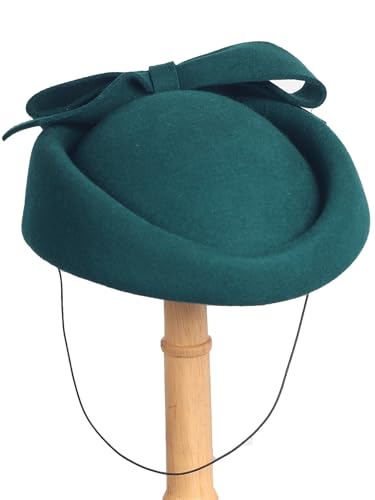 Wool Felt Vintage Fascinator Winter Women Elegant Pillbox Hat Bowknot Derby Church Hat Retro Fedoras - color: Dark Green